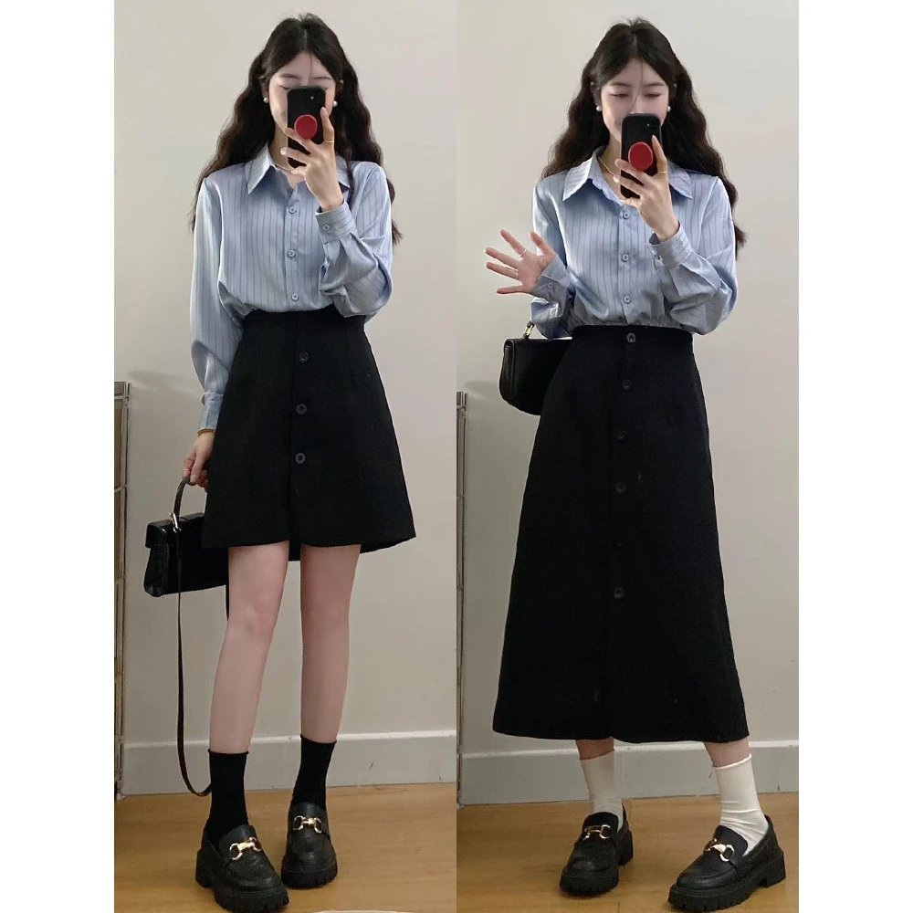 2025大码女装胖mm春季新款假两件蓝条纹拼接收腰显瘦职业连衣裙