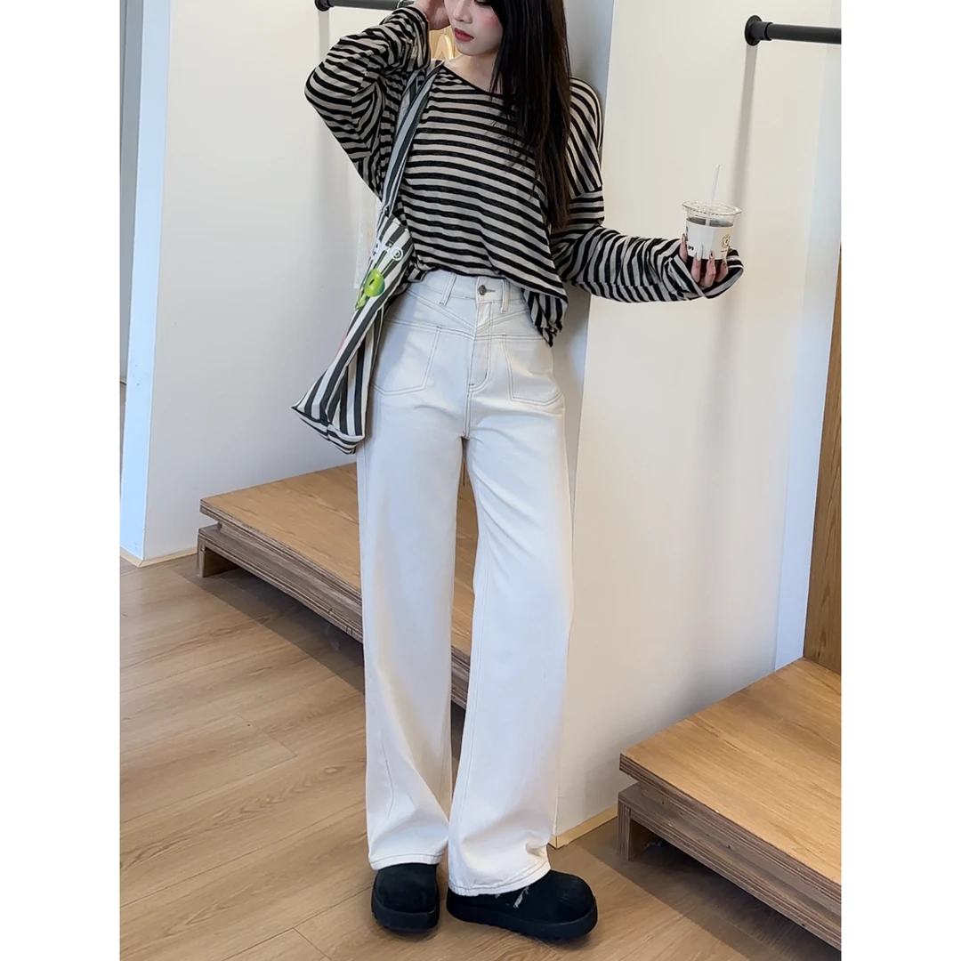 Space Password阔腿牛仔裤女款2025春季新款高腰显瘦拖地杏色裤子