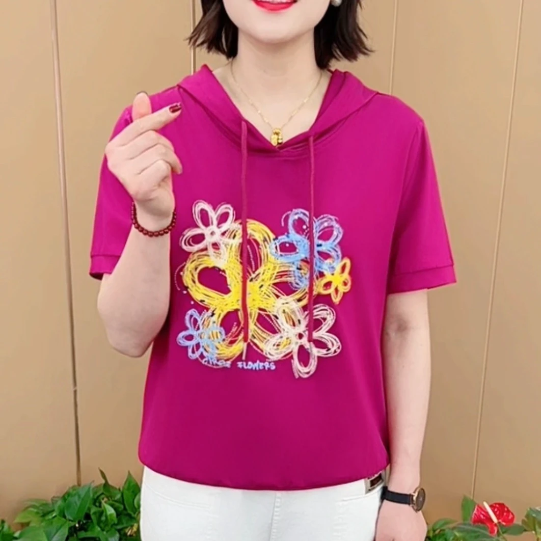 2025夏季新款时尚宽松显瘦印花连帽薄款短袖t恤减龄女士上衣K6888