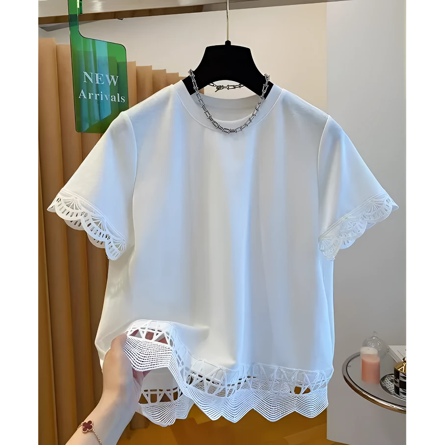 白色蕾丝花边短袖t恤女夏季2025新款宽松纯棉半袖体恤打底衫上衣