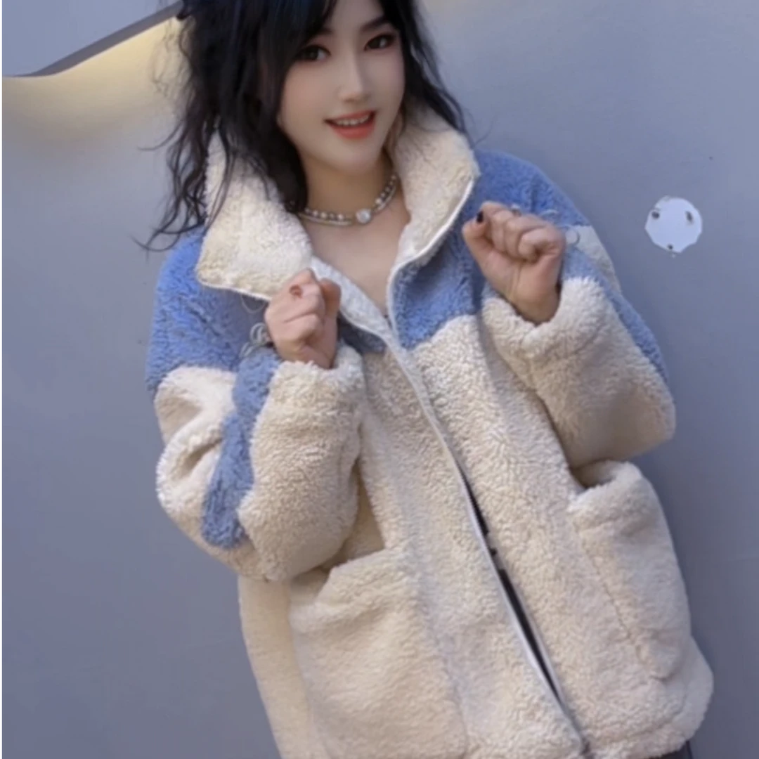 2025秋冬女装加厚毛绒保暖冬季ins立领女装网红加绒外套百搭拼接