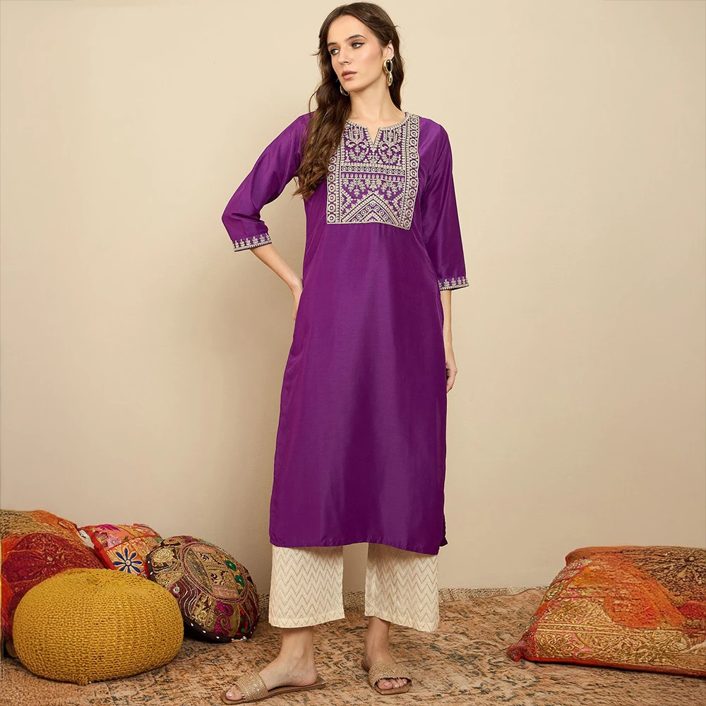 Indo印度传统民族服装进口女装异域风情刺绣七分袖中长款上衣深紫