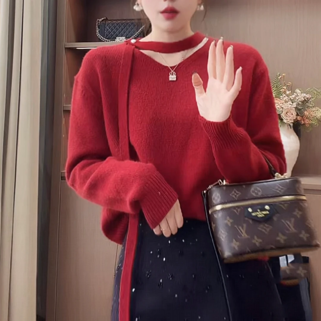 韩系时尚设计感V领飘带套头毛衣女秋冬季新款气质软糯针织衫8513