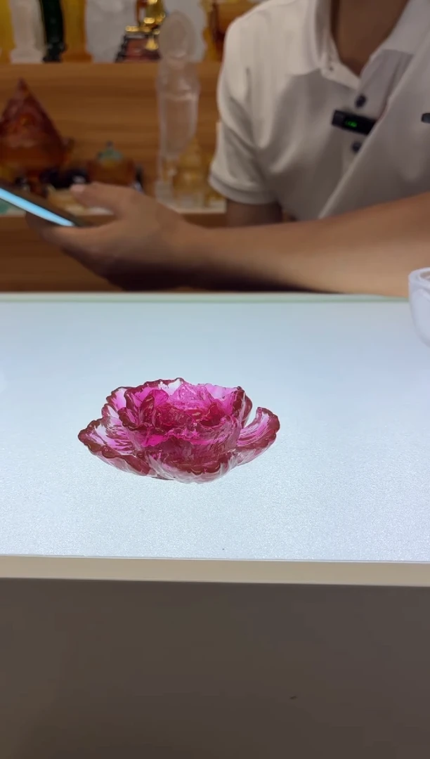 琉璃手工艺品金红色牡丹花茶摆件7公分