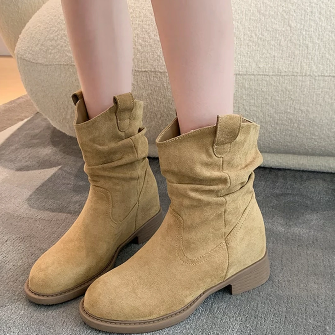 【平增高8cm】时尚美拉德V口堆堆靴女中筒显瘦褶皱2025今年流行鞋子