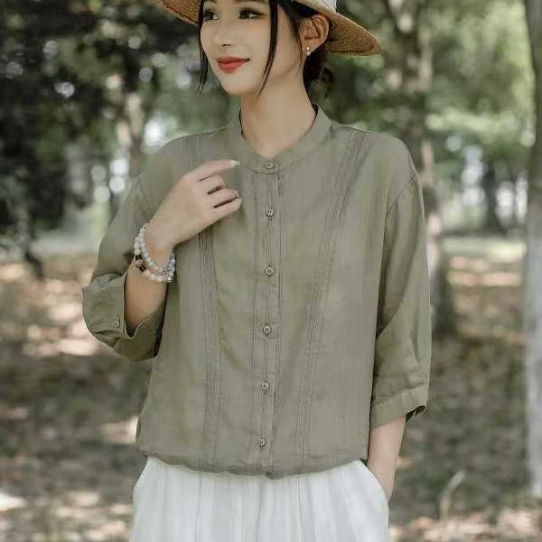 2025设计高端苎麻文艺衬衫休闲自然风宽松风琴褶小立领简约百搭夏
