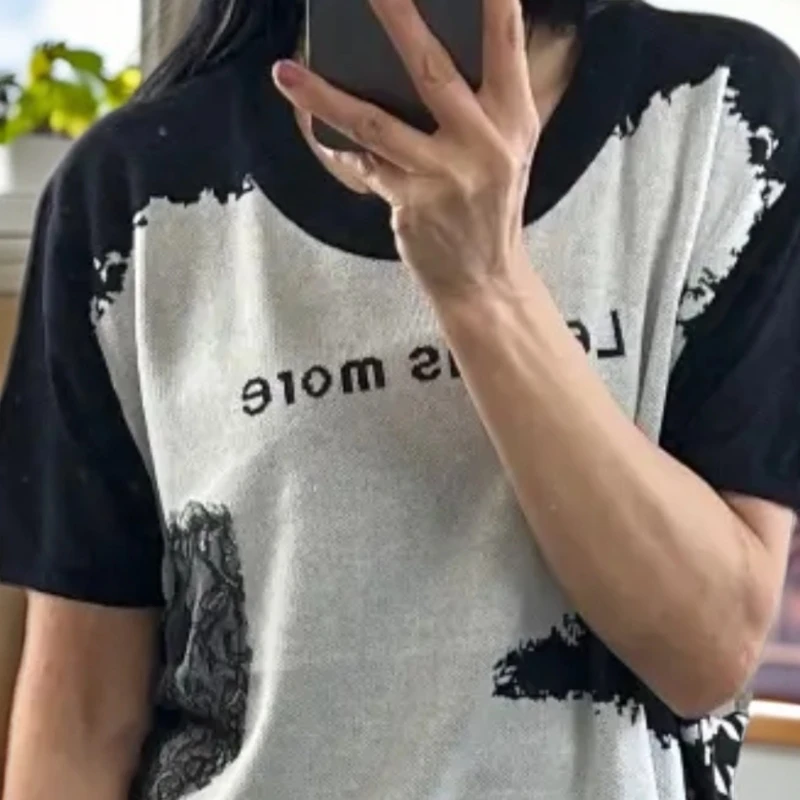 时尚女毛衣INS风短袖印花圆领薄款毛针织衫轻职风