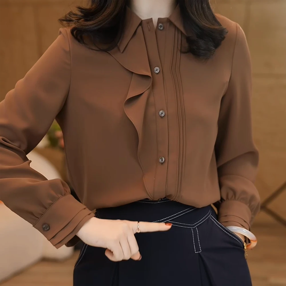 欧若风曼贝衬衫女士高级显瘦摩卡棕气质衬衣设计感复古百搭洋气