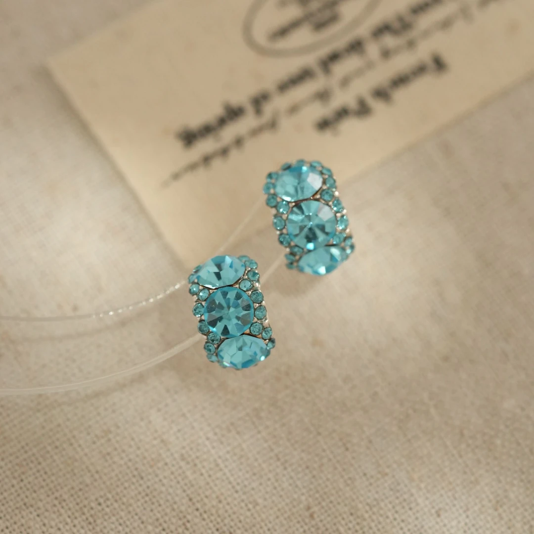 因缺斯汀饰品 铜合金耳饰 【大海蓝】蓝色锆石耳钉精致小巧耳夹百搭