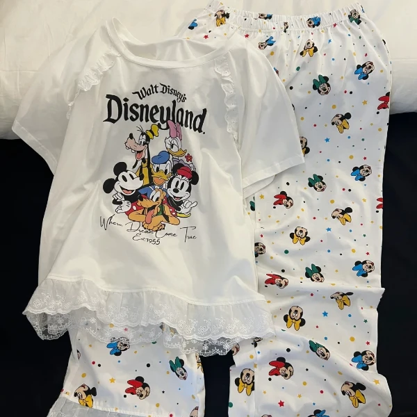 甜美少女卡通米奇派对短袖睡衣女夏季新款长裤套装大码显瘦家居服