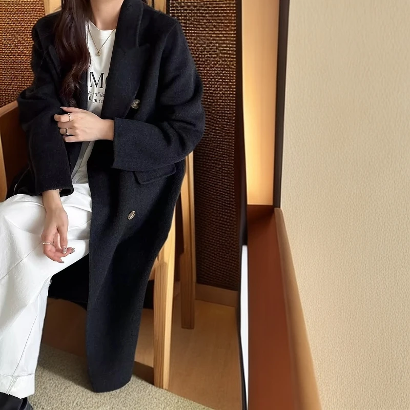 西装领双面毛呢大衣女秋冬韩系中长款高级感双排扣外套时尚