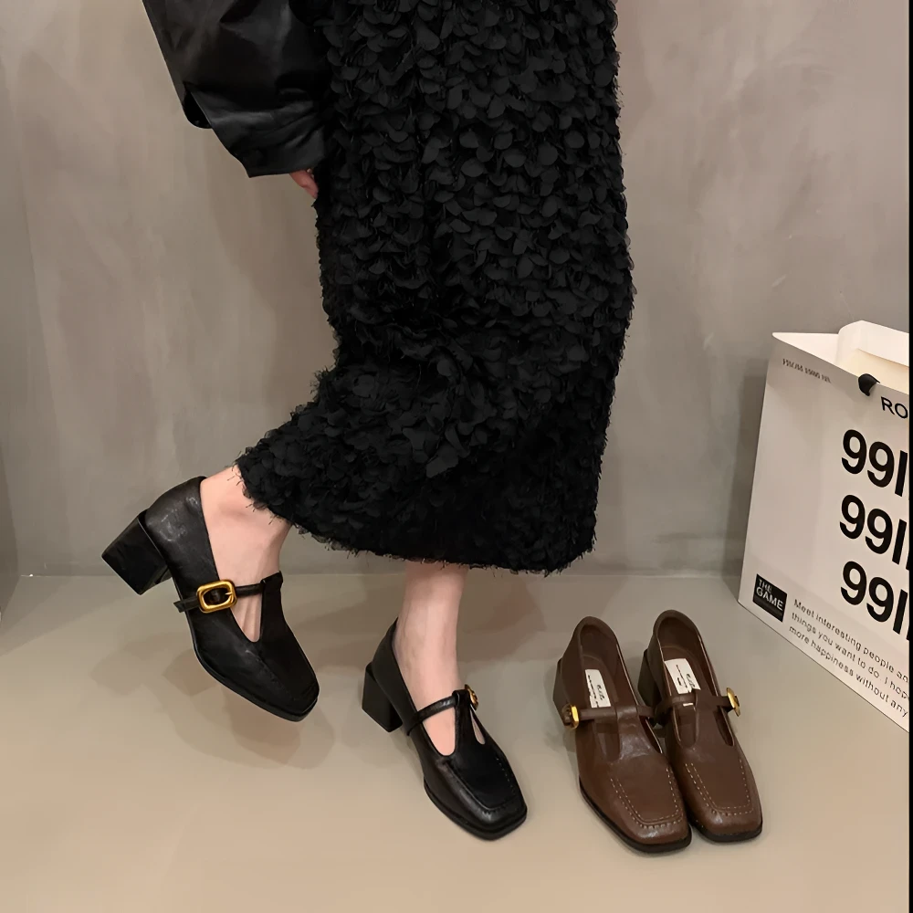 法式复古高跟玛丽珍鞋女2025秋季气质跟鞋搭扣方头浅口粗跟小皮鞋