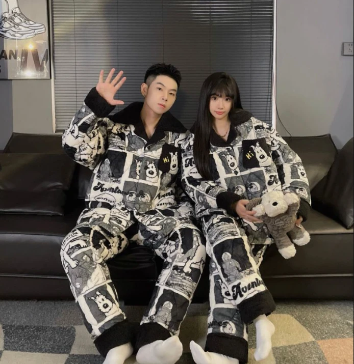 2024年新款情侣冬季加绒加厚爆款卡通款三层夹棉保暖可外穿家居服