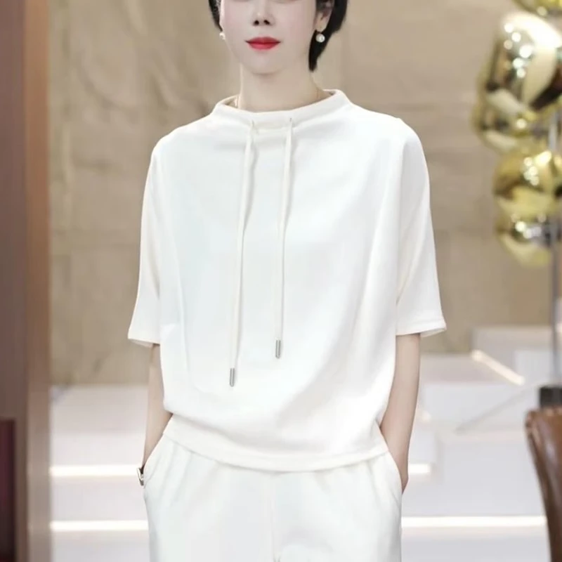 半高领白色短袖t恤女夏季2025新款时尚卫衣洋气宽松遮肚显瘦上衣