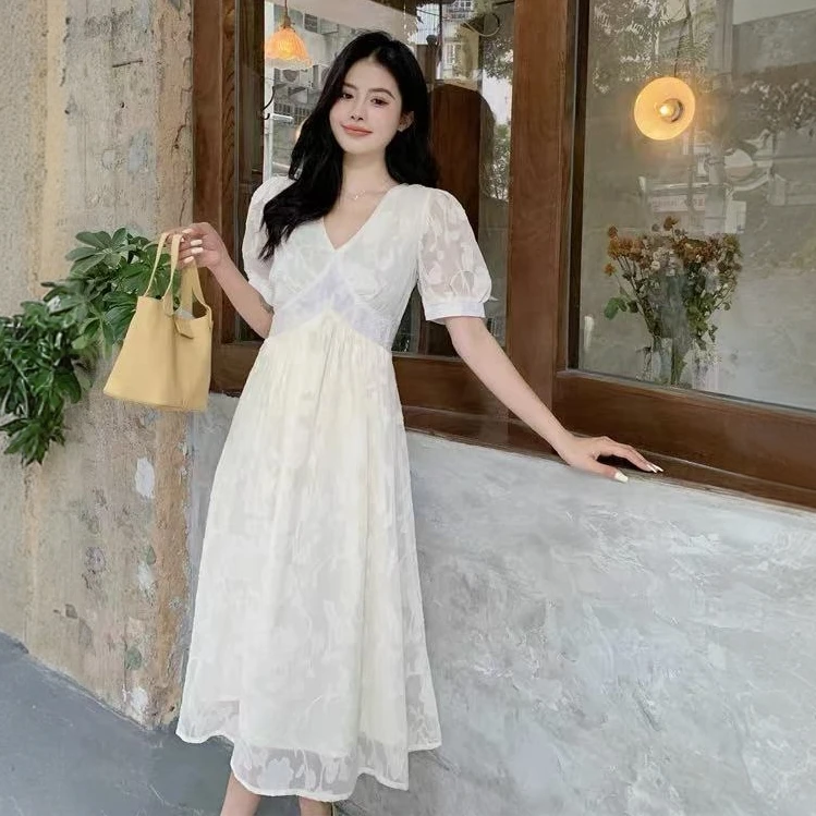 1548#【裙长115】夏季宽松气质收腰显瘦V领提花温柔设计感连衣裙