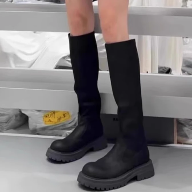 诗歌兰女鞋2025秋季新款真皮时尚厚底不过膝显瘦弹力靴572-160