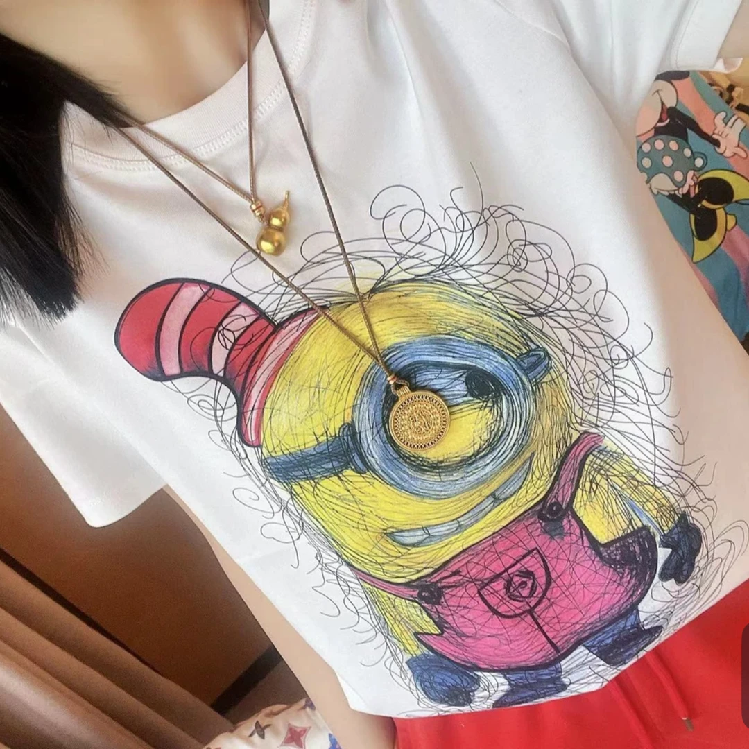 小黄人双面印花休闲上衣2025春夏新款时尚欧若风字母圆领短袖T恤