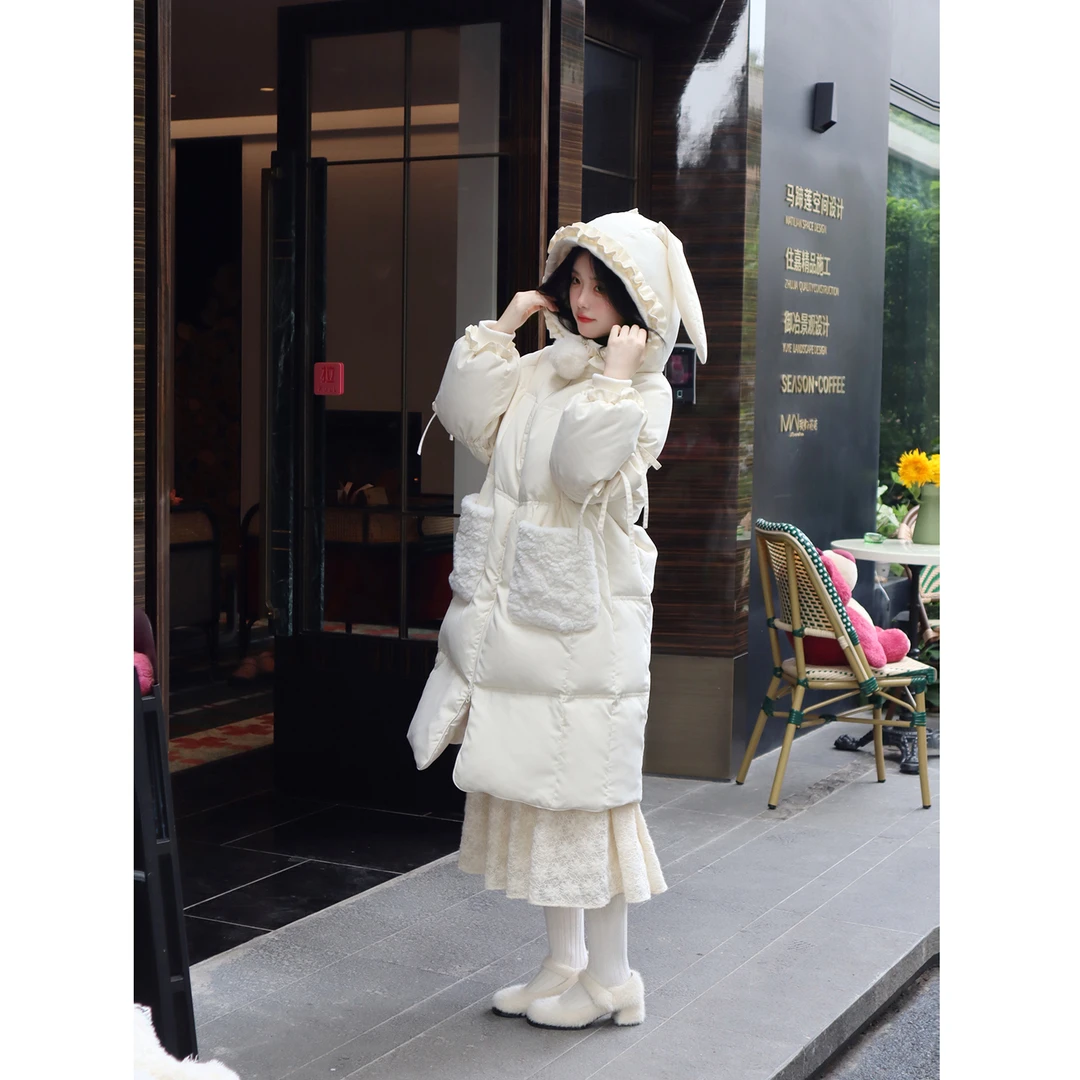 Blovelan【现货】微甜奶兔 90白鸭绒兔耳朵保暖连帽保暖羽绒服女冬