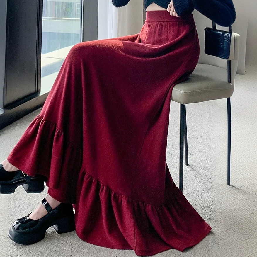 秋冬高腰设计感拼接大摆a字半身裙韩版安可拉红针织长裙到脚踝女