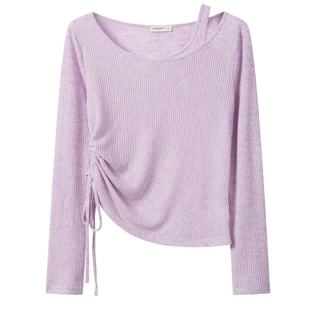 【小5】夏季甜美感紫色圆领抽绳修身显瘦长袖针织上衣Y50449513