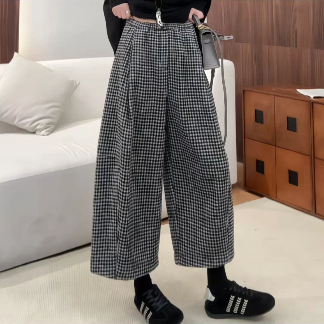 欧尼私服2025秋冬新款休闲黑白格休闲裤格纹毛呢静奢风2512C8678