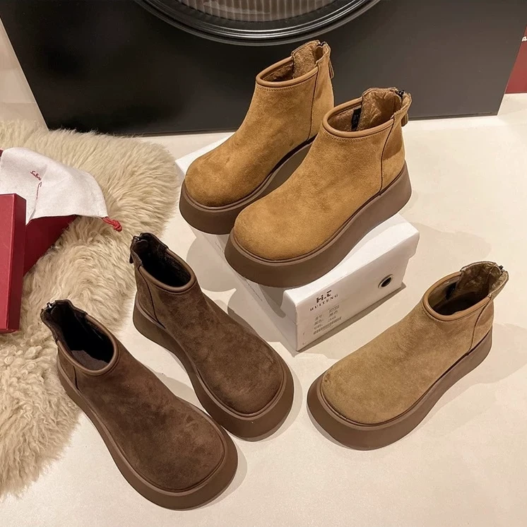 英伦风厚底绒面勃肯鞋2024冬季新款大头松糕增高切尔西马丁靴3019