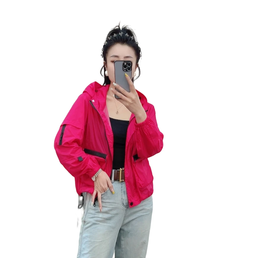 莉丽佳1080款女装夏季长袖连帽短外套兜带拉链时尚洋气休闲百搭版