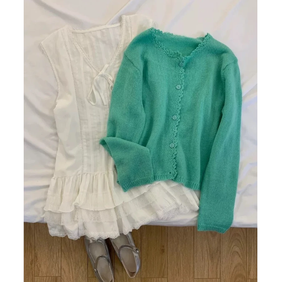 2025春季新款韩系温柔风软糯甜美开衫背心吊带百褶裙上衣两件套