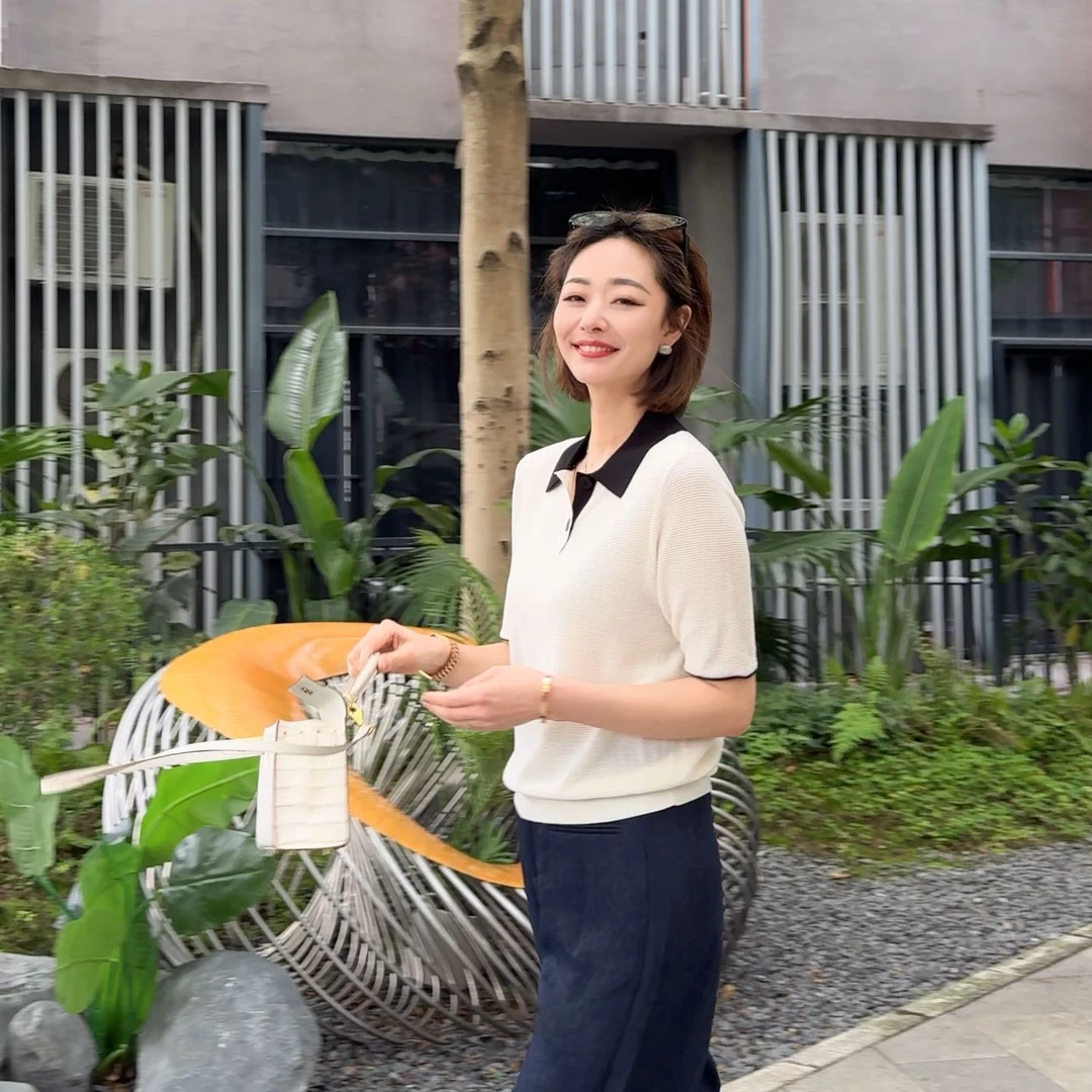 FIGO LOVE 夏季元宝针收腰通勤气质款拼色针织上衣21811