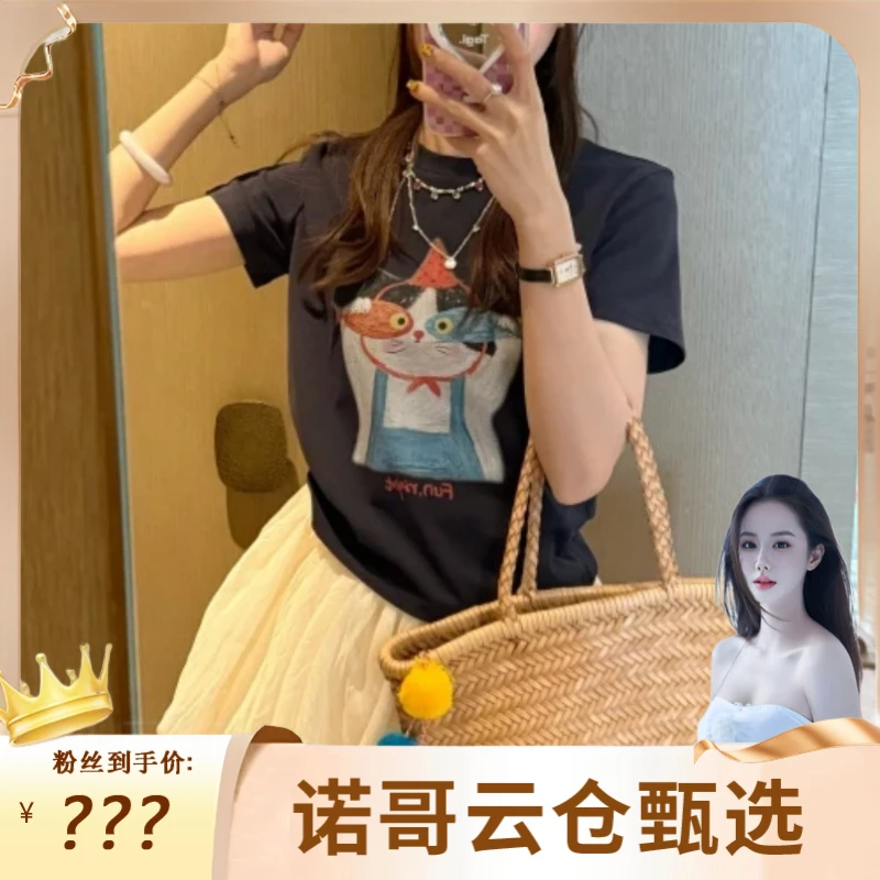 韩版卡通小猫印花短袖T恤女2025夏季新款设计感时尚15182