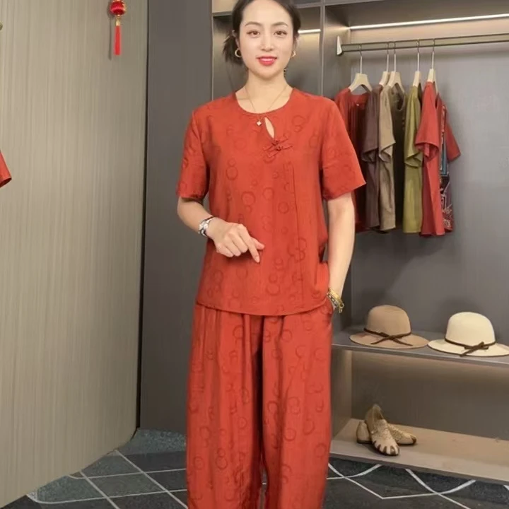 夏季新款圆点短袖宽松洋气国风百搭两件套遮肚子遮肉时尚妈妈套装