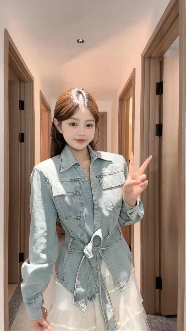 气质显瘦洋气休闲女装新款时尚复古洗水工艺腰带女式牛仔外套上衣