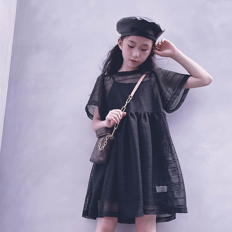 冷大娘定制 女童夏季短袖连衣裙大牌优雅纱裙女孩宝宝裙子亲子款