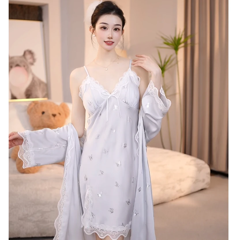 查理夫人【蝴蝶】气质睡裙家居服蕾丝显瘦白色时尚春季