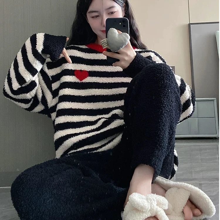 【妍凯琳】“小爱心”条纹半边绒家居服睡衣秋冬加绒加厚保暖宽松慵懒