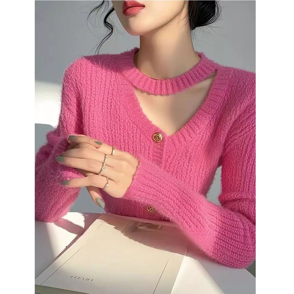 【AJO】小香风玫红色挂脖打底针织衫女士冬季爆款韩系镂空修身毛衣