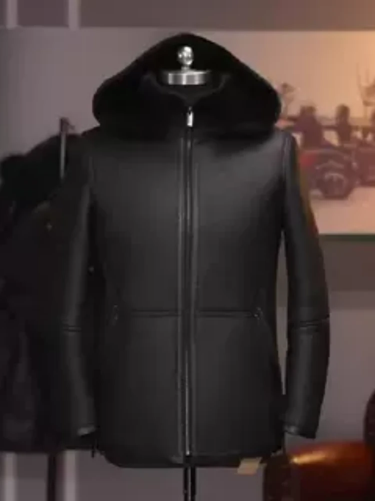 黑2305-1原生态皮毛一体男冬季厚真皮毛翻领外套夹克加绒男款