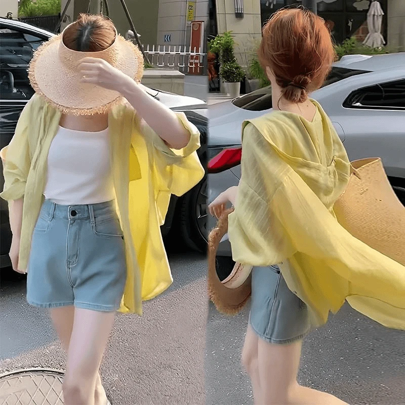 早秋新款黄色包袖宽松衬衫女短袖上衣法式极简风做旧小衫