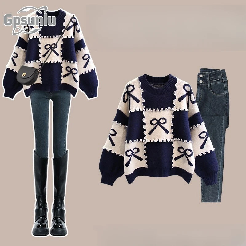 gpsunlu慵懒风圆领蓝色毛衣秋季女新款氛秋季穿搭蓝色蕾丝毛衣