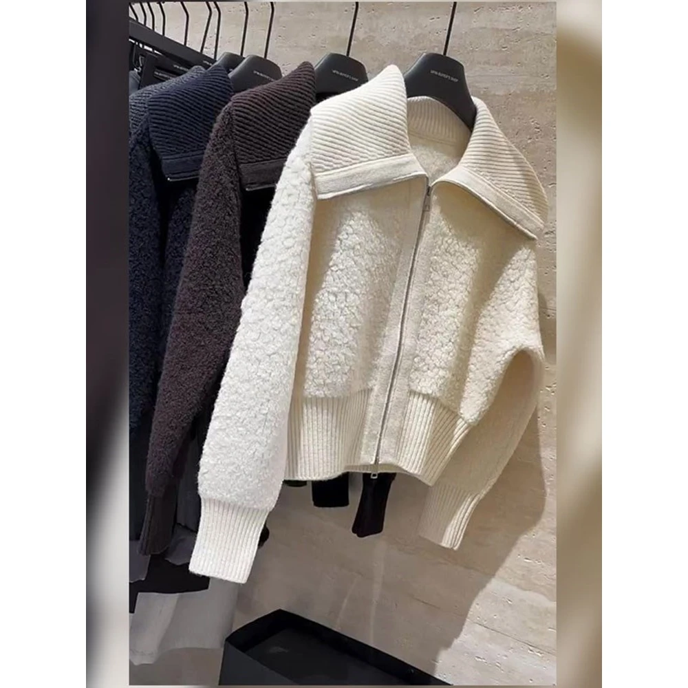 韩系时尚洋气慵懒风双拉链翻领针织开衫宽松毛衣外套上衣秋季新款