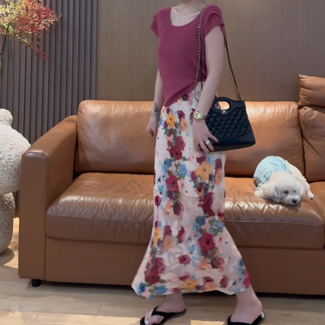 E11 气质减龄高腰显瘦油画印花半身裙 EE1107