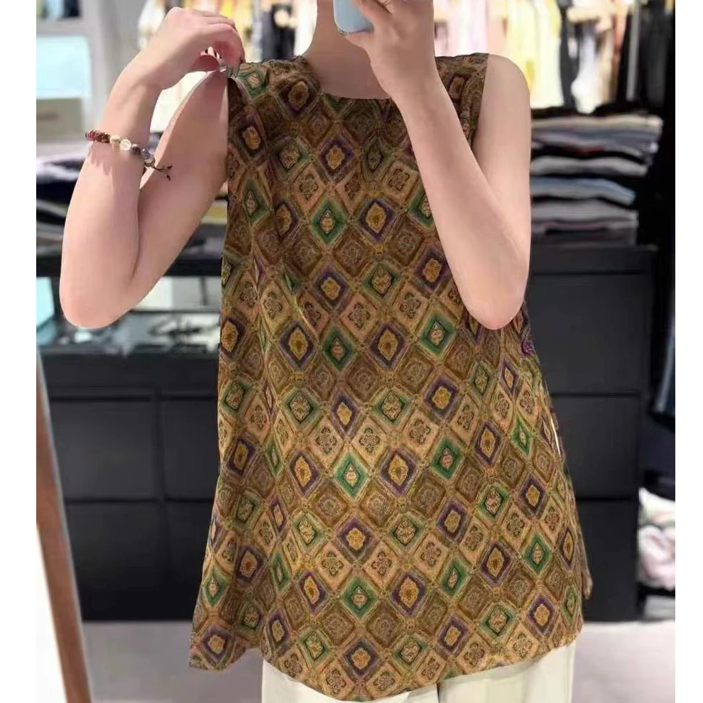 夏季新款无袖背心长款上衣 2025夏季印花中式风格短款几何中上衣