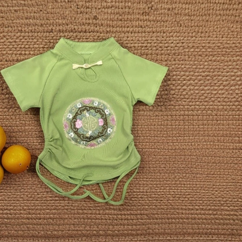 女童2025夏季国风抽绳收腰女宝宝新中式绣花短袖时尚夏装潮流T恤