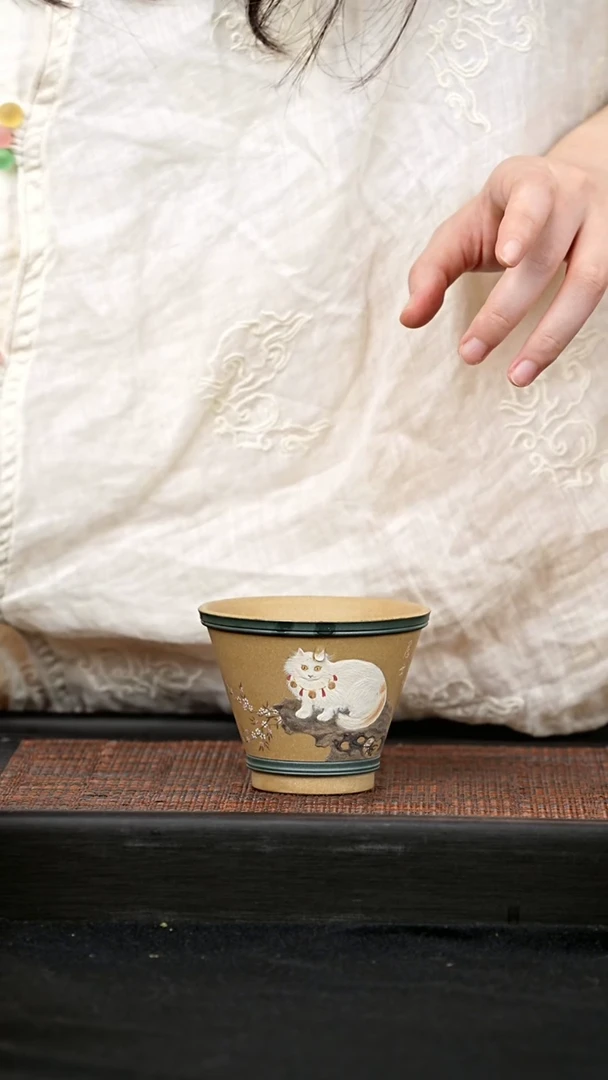 茶壶紫砂亦*全手绘猫猫主人杯 一物见春