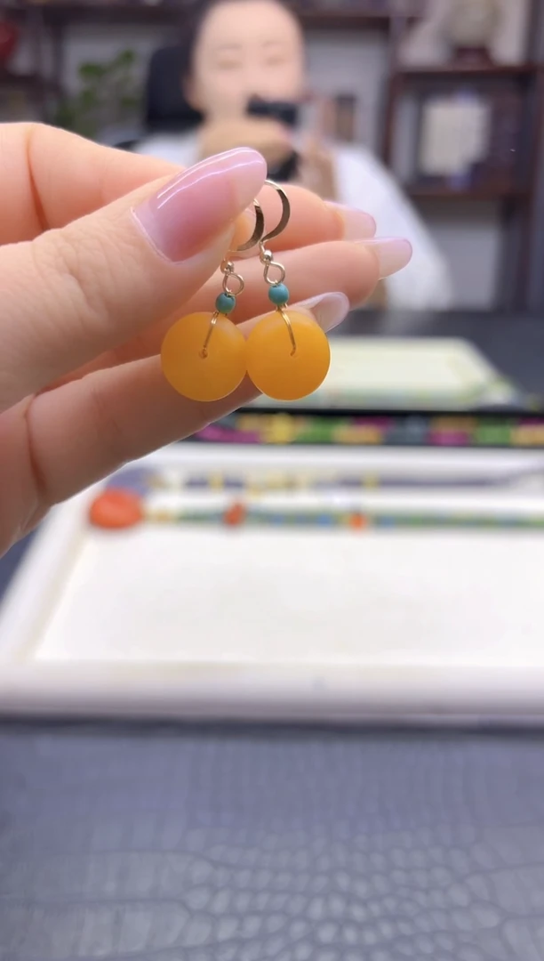 蜜蜡14K金镶嵌耳饰DIY款E06