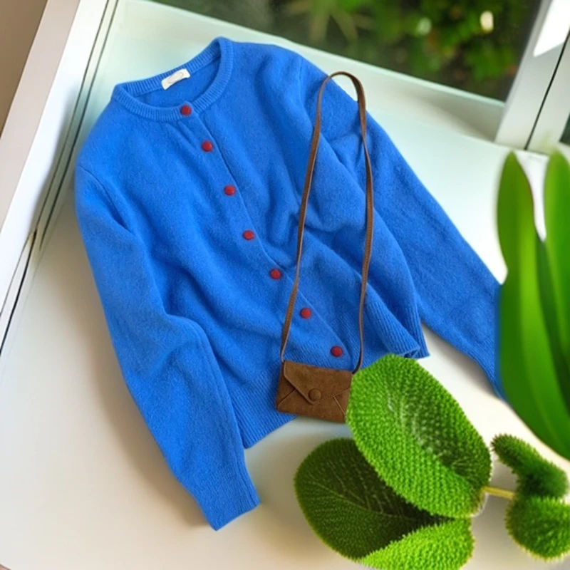 欧货高级感蓝色浣熊绒针织开衫女秋季濮院软糯慵懒风减龄毛衣外套