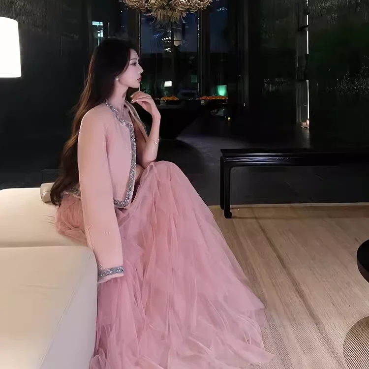 CUICUI 崔崔【桃桃心事】粉色小香风外套高腰网纱半身裙C023269