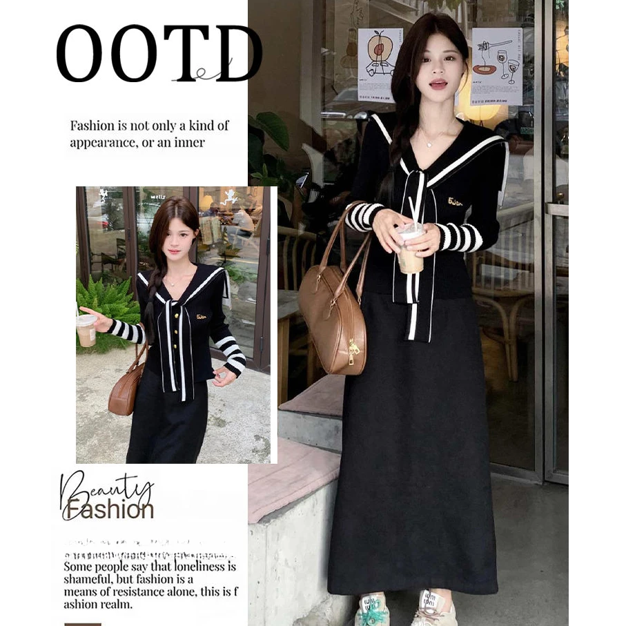 秋冬穿搭一整套海军领蝴蝶结绑带黑色条纹针织上衣+半身长裙套装