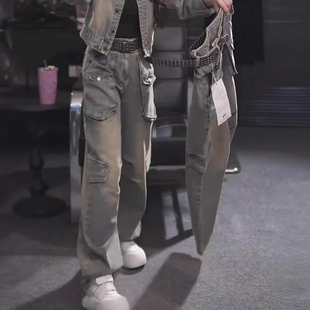 早秋新款大码女装时尚高腰做旧牛仔裤梨形身材显瘦遮肉宽松阔腿裤