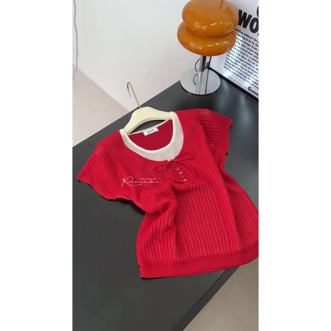 2025新款韩系假两件蝴蝶结绑带短袖T恤女夏时尚百搭宽松显瘦上衣